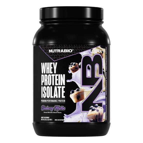 NutraBio Whey Protein Powder Isolate Supplement – 25g of Protein Per Scoop with Complete Amino Acid Profile - Soy and Gluten Free Protein Powder - Zero Fillers and Non-GMO - Blueberry Muffin - 2 Lbs.