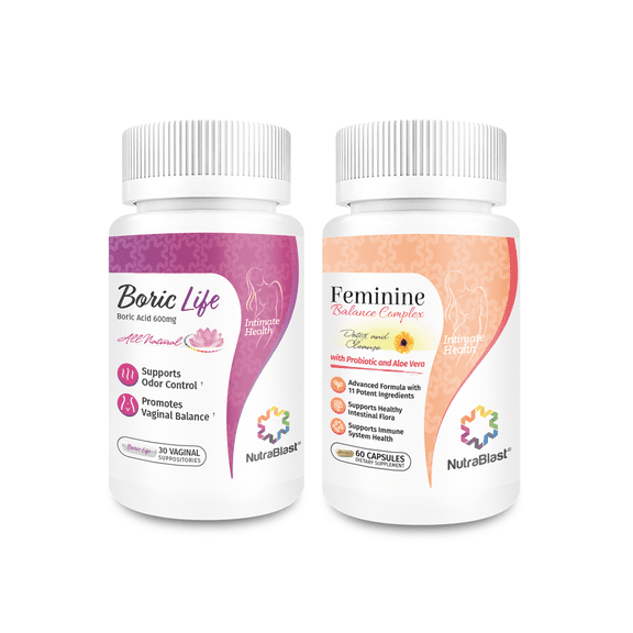 NutraBlast Boric Acid Suppositories 600mg (30 Count) w/Feminine Balance Complex (60 Capsules)