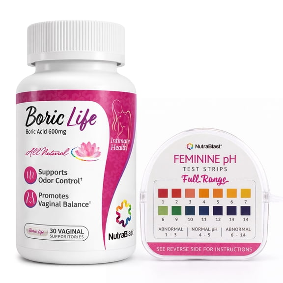NutraBlast Boric Acid Suppositories 600 mg, 30 Count with Feminine pH Test Strips, 100 Tests Bundle