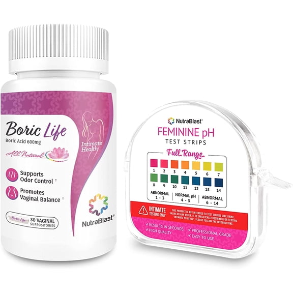 NutraBlast Boric Acid Suppositories 600 mg, 30 Count with Feminine pH Test Strips, 100 Tests Bundle