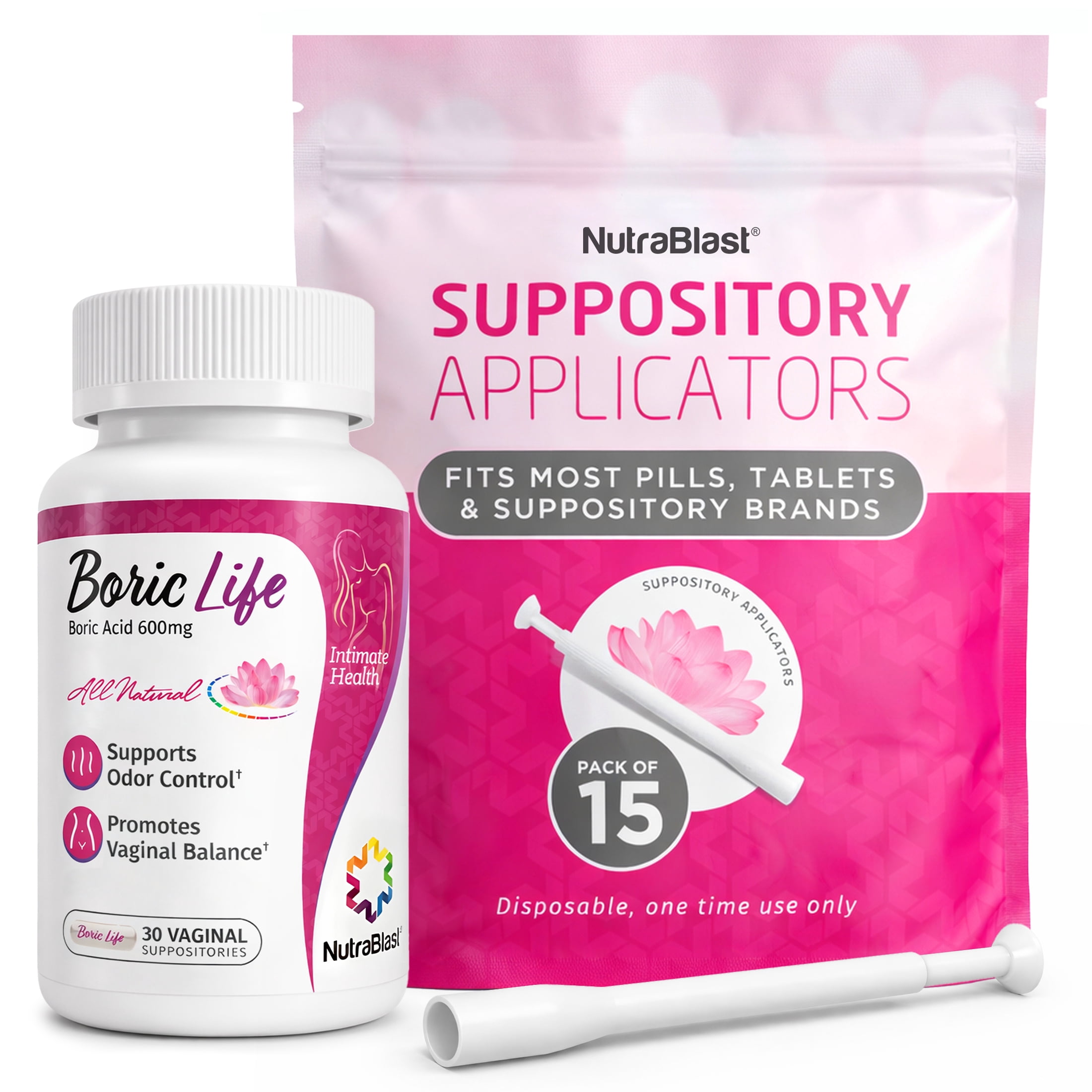 NutraBlast Boric Life Boric Acid Vaginal Suppositories, 600 mg, 30 Count with 15 Applicators