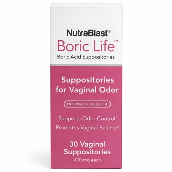 NutraBlast Boric Life Boric Acid Vaginal Suppositories for Vaginal Odor, 600 mg, 30 Count
