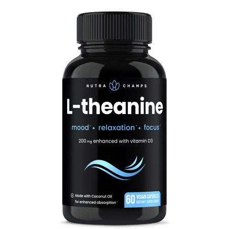 NutraChamps L-Theanine 200mg Capsules | Double-Strength L-Theanine Liquid with Vitamin D3, Organic Coconut Oil | Supports Mood, Focus, Stress Relief | L-Theanine for Kids & Adults | 60 Vegan Capsules