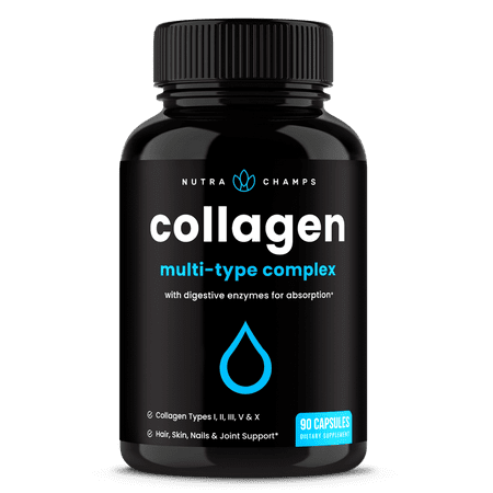 NutraChamps Multi Collagen Pills (Types I,II,III,V,X) Double Hydrolyzed Enhanced Absorption Collagen Peptides Powder Capsules - Healthy Skin, Hair, Nails, Joints, Bones - Supplement for Women & Men