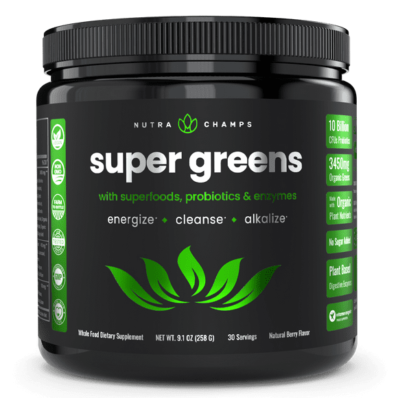 NutraChamps Super Greens Powder Premium Superfood | 20+ Organic Green Veggie Whole Foods | Wheat Grass, Spirulina, Chlorella & More | Antioxidant, Digestive Enzyme & Probiotic Blends