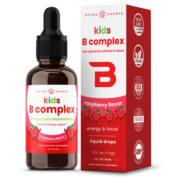 NutraChamps Vitamin B Complex for Kids | B1, B2, B3, B6, B7, B9 & Methyl B12 | Kids B Complex Liquid Drops Supplement | Energy, Focus, Metabolism | Vegan & Non-GMO | Natural Berry | 120 Servings