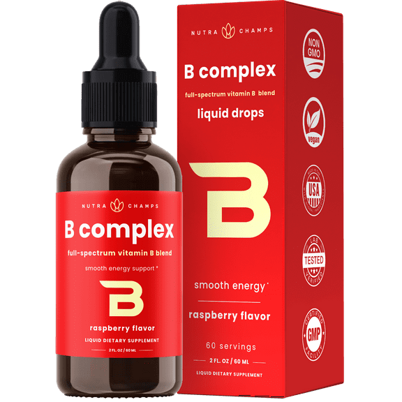 NutraChamps Vitamin B Complex Liquid Drops | B Vitamins Complex Supplement with B1, B2, B3, B6, B7, B9 & Methyl B12 Drops for Adults & Kids | Vegan Berry Flavor 2oz | 60 Servings / 2 Month Supply