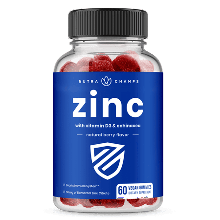 NutraChamps Zinc Gummies | Immune Support Gummies for Adults & Kids | Zinc 50mg Gummy Vitamins Supplement with Vitamin D3 & Echinacea | Non-GMO Immune Booster | 25mg Per Chewable Zinc, 60 Count