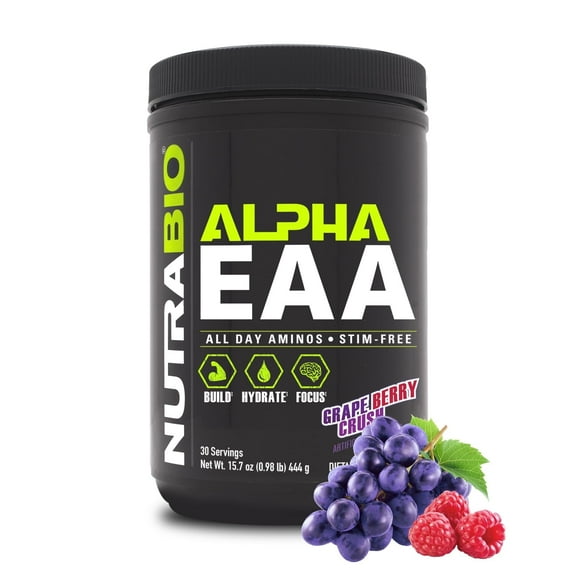 NutraBio Alpha EAA - All-Day Aminos - Recovery, Energy, Focus, and Hydration Supplement - Full Spectrum EAA BCAA Matrix, Electrolytes, Nootropics, Coconut Water - 30 Servings - Grape Berry Crush