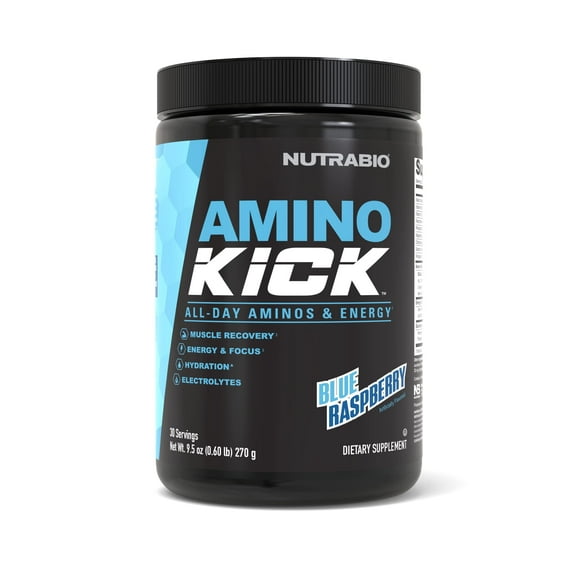 NutraBio Amino Kick - Amino Acid Energy Formula - BCAA's, Electrolytes for Hydration, Natural Caffeine 30 Servings (Blue Raspberry)