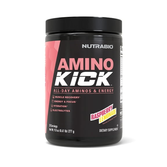 NutraBio Amino Kick - Amino Acid Energy Formula - BCAA's, Electrolytes for Hydration, Natural Caffeine 30 Servings (Raspberry Lemonade)