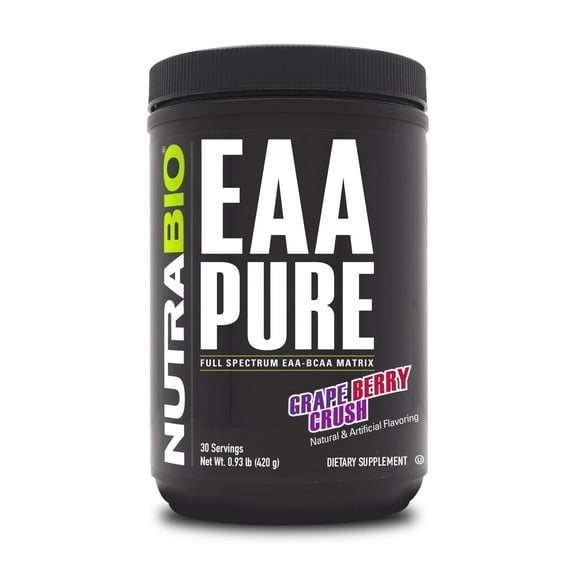 NutraBio  EAA Pure  9 Amino Acids  Muscle Repair and Recovery, 30 Servings, Grape Berry Crush  Pre or Post Workout  All Day Recovery