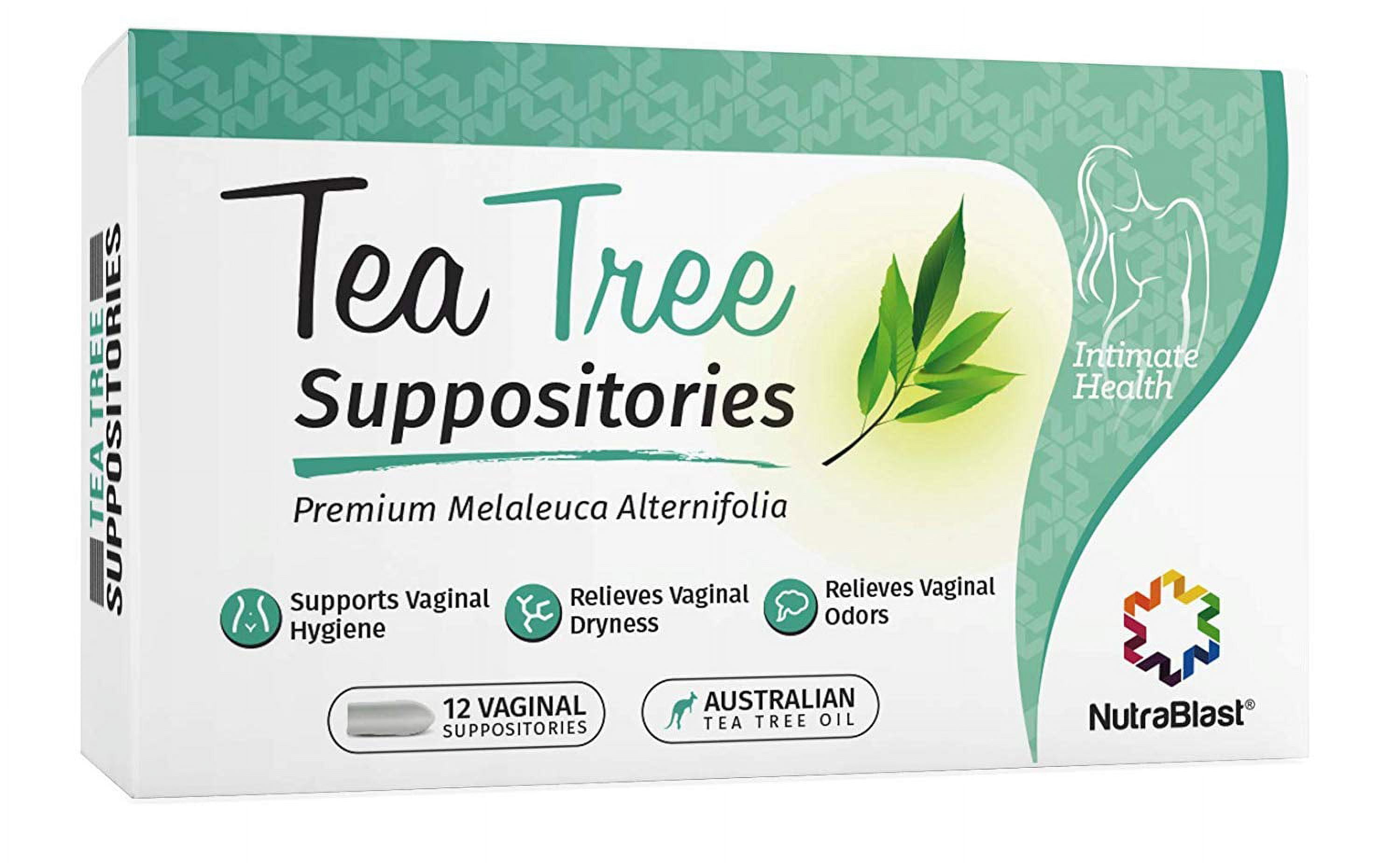 Nutrablast Tea Tree Oil Suppositories 12 Count All Natural Intimate Deodorant for Women Restore Feminine pH Balance Made in USA