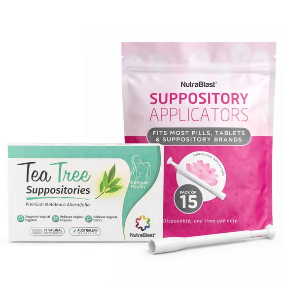 NutraBlast Tea Tree Oil Vaginal Suppositories with Applicators, 12 Suppositories and 15 Applicators Bundle