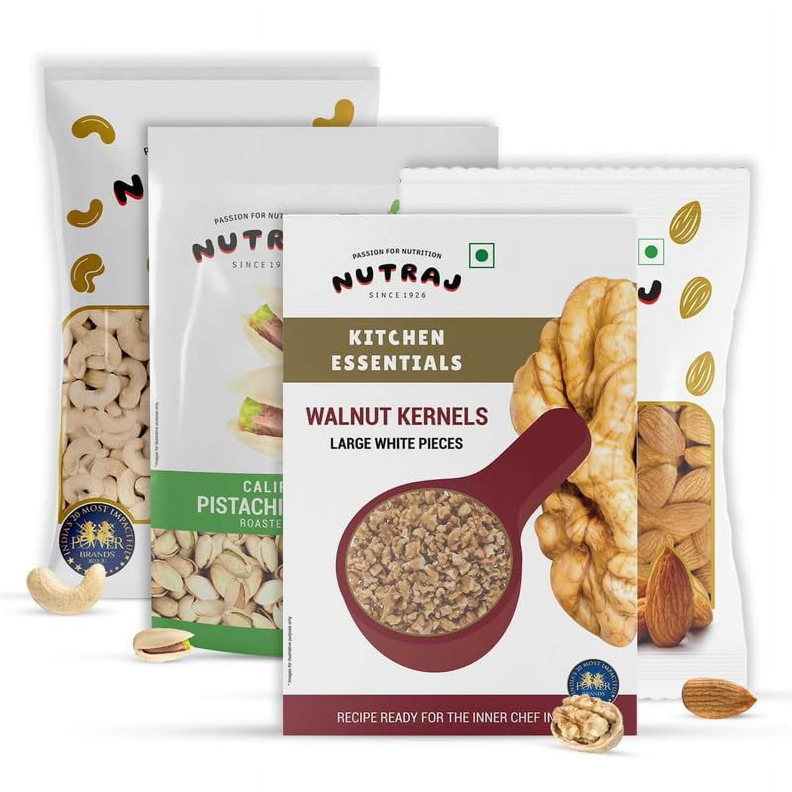 Nutraj Kitchen Essentials Walnut Kernels + California Pistachio Inshell + Classic Cashew + Almond Kernel | Mix Dry Fruits 800gm, (200gm*4) Nuts & Fiber | 28.2 Ounce