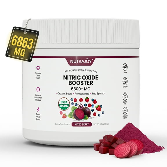Nutrajoy Organic Beetroot Nitric Oxide Powder - Supports Energy and Promotes Blood Circulation, 8.8 oz (30 servings, 1-month supply), Blended Berry Flavor