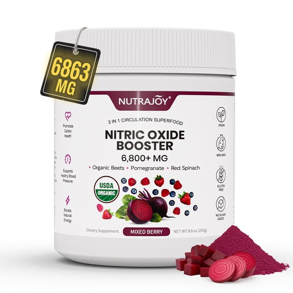 Nutrajoy Organic Beetroot Nitric Oxide Dietary Supplement Powder Supports Energy and Blood Circulation, Raspberry Flavor, 8.8 oz