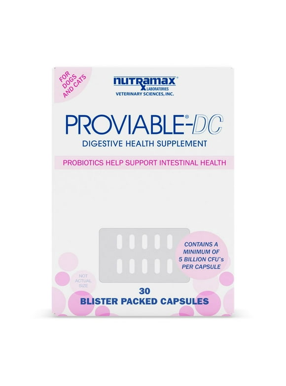 Nutramax Proviable Digestive Health Supplement Multi-Strain Probiotics and Prebiotics for Cats and Dogs, 30 Capsules