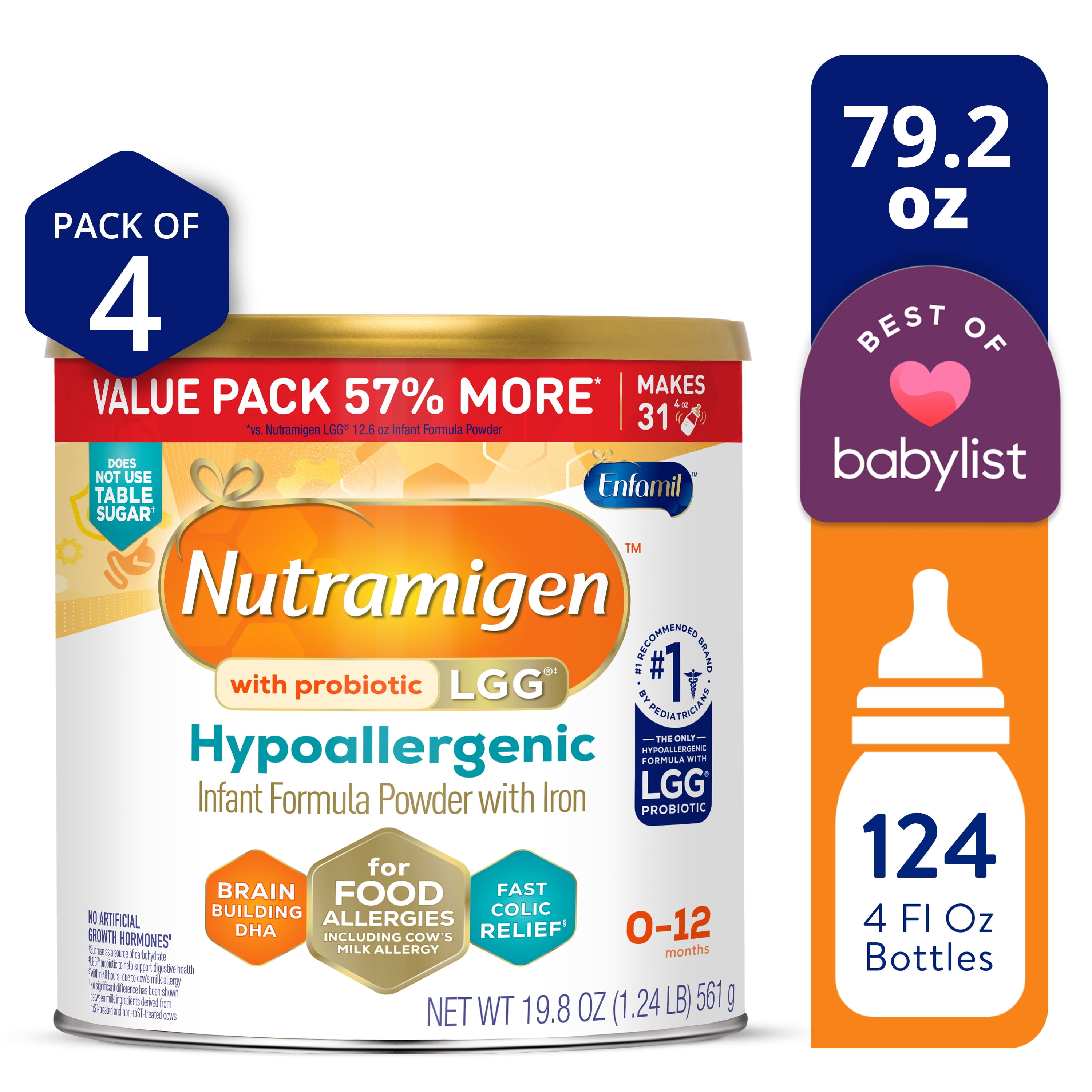 Nutramigen Hypoallergenic Powder Baby Formula, Colic Relief from Cow's Milk Allergy Starts in 24H, 19.8 Oz Can, 4 Count