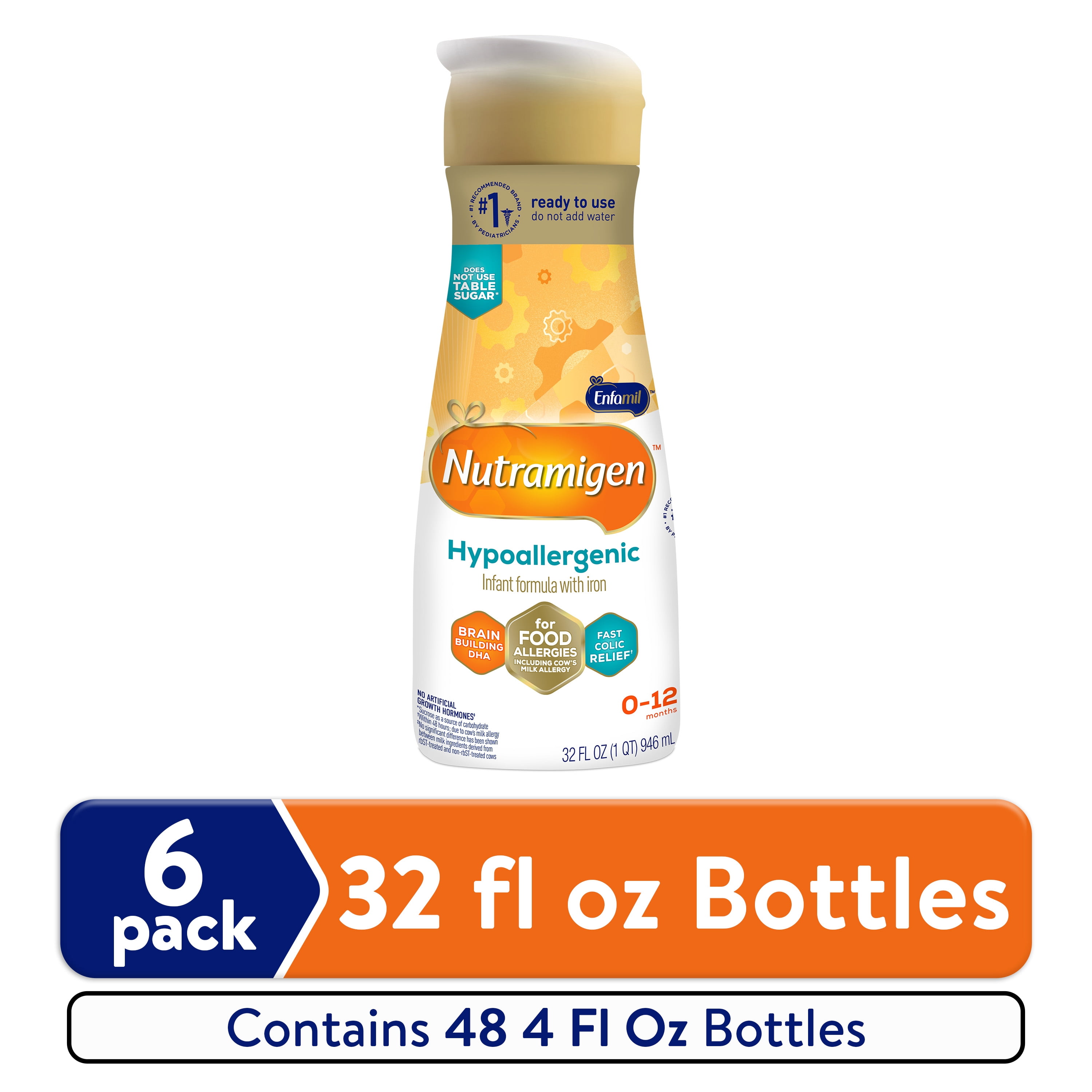 Nutramigen Hypoallergenic Liquid Baby Formula, Colic Relief from Cow's Milk Allergy Starts in 24H, 32 FL Oz, 6 Count