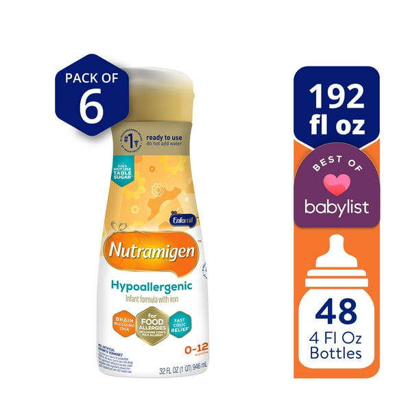 Nutramigen Hypoallergenic Liquid Baby Formula, Colic Relief from Cow's Milk Allergy Starts in 24H, 32 FL Oz, 6 Count