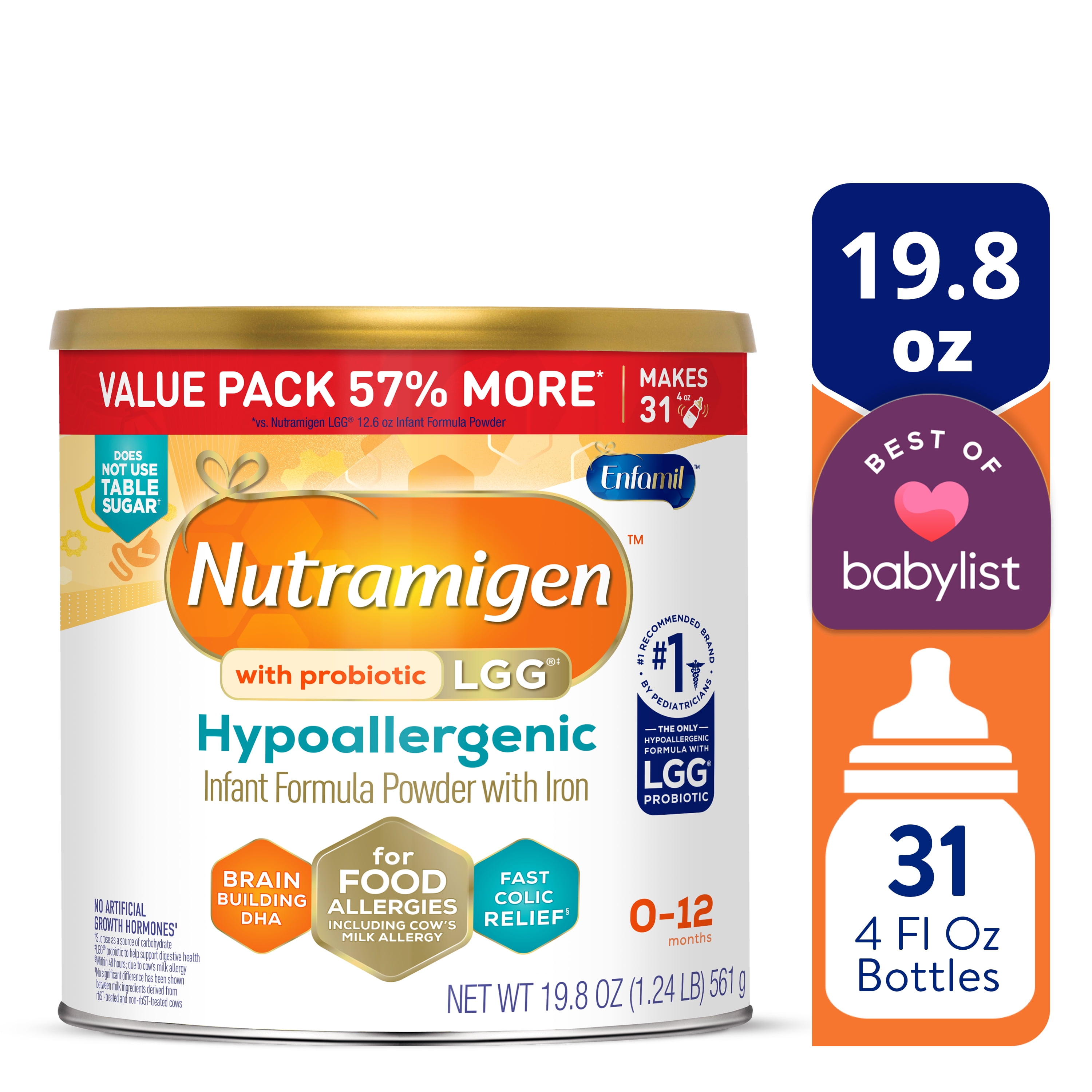 Nutramigen Hypoallergenic Powder Baby Formula, Colic Relief from Cow's Milk Allergy Starts in 24H, 19.8 Oz Can, 4 Count