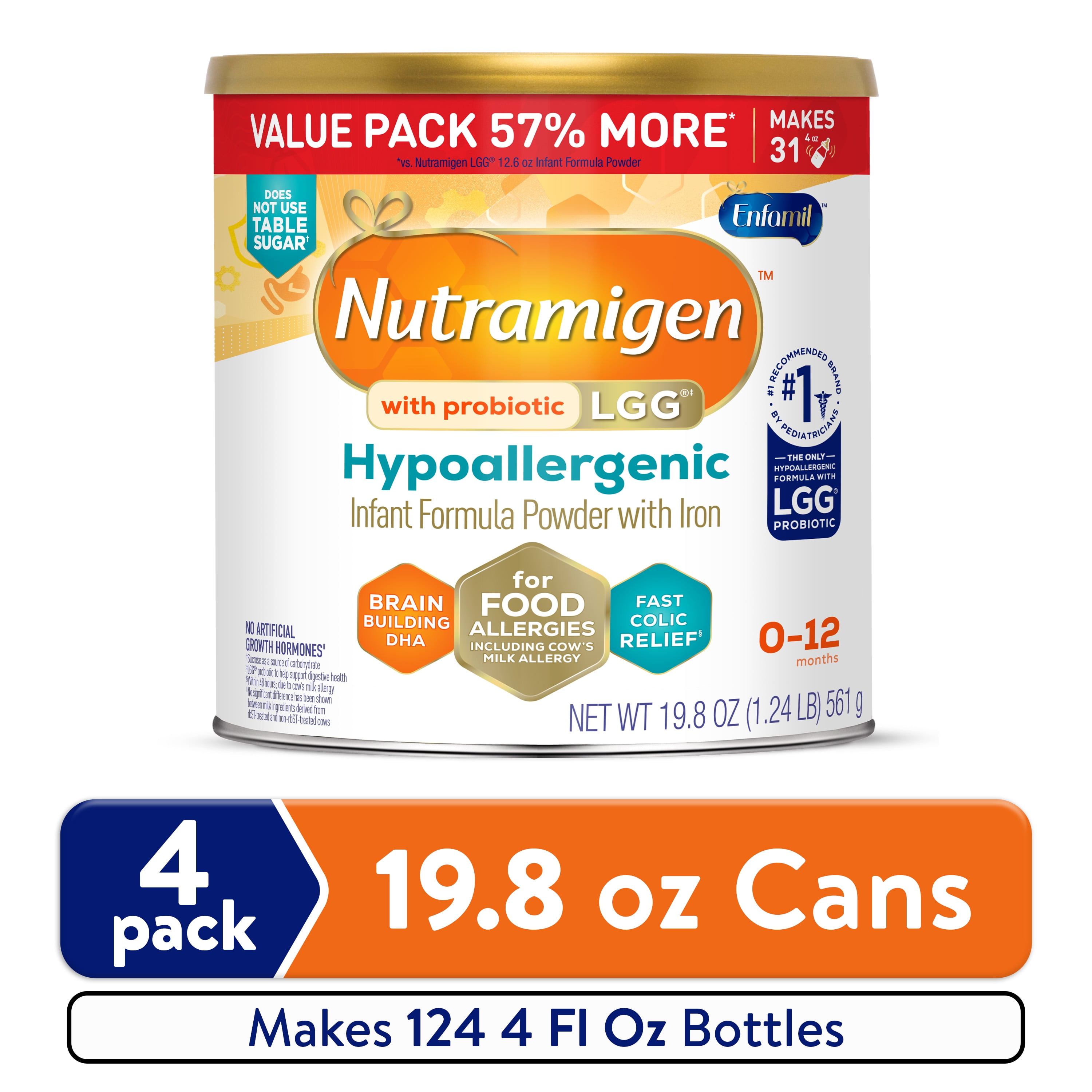 Nutramigen Hypoallergenic Powder Baby Formula, Colic Relief from Cow's Milk Allergy Starts in 24H, 19.8 Oz Can, 4 Count