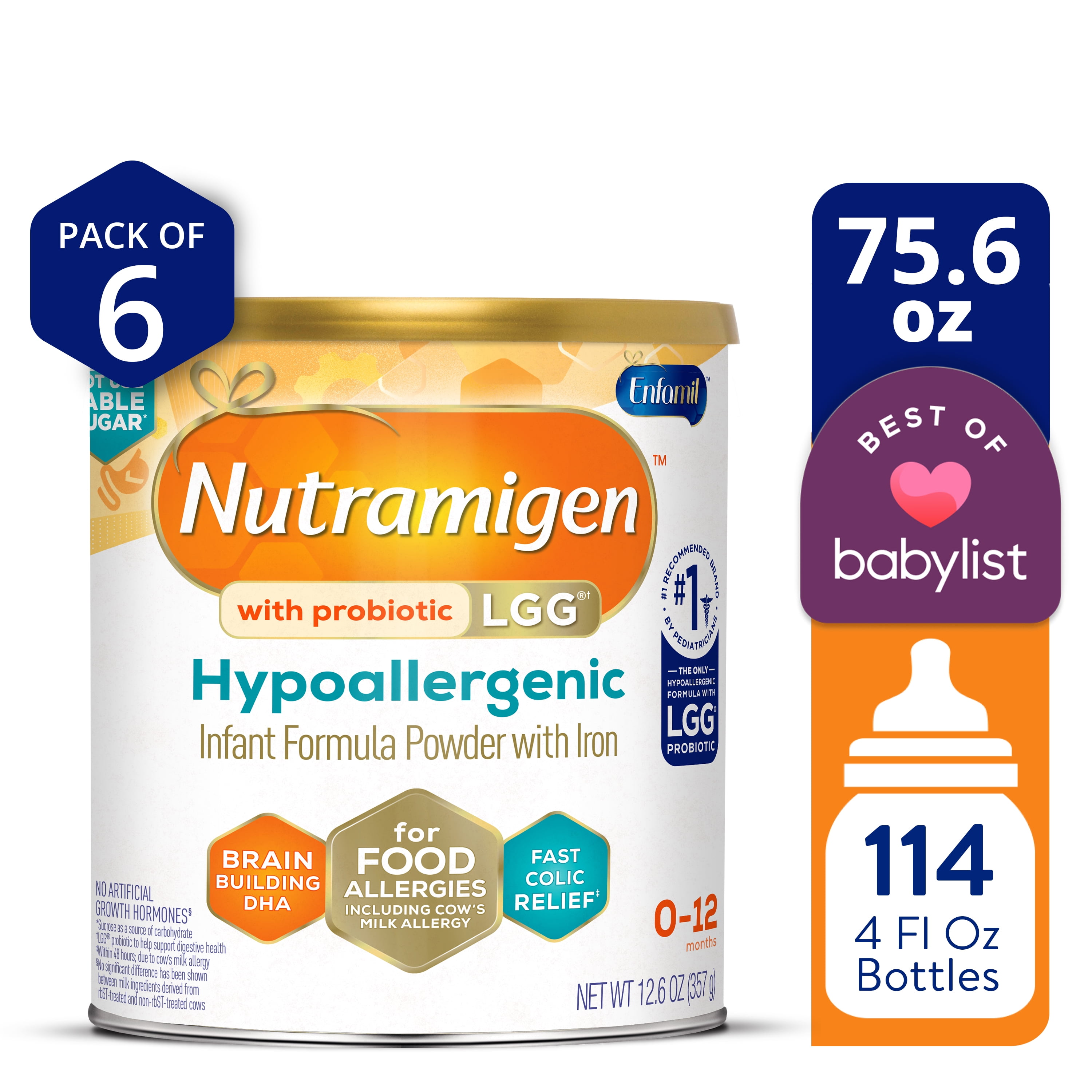 Nutramigen with Probiotic LGG Hypoallergenic Powder Baby Formula, 12.6 oz Can, 6 count