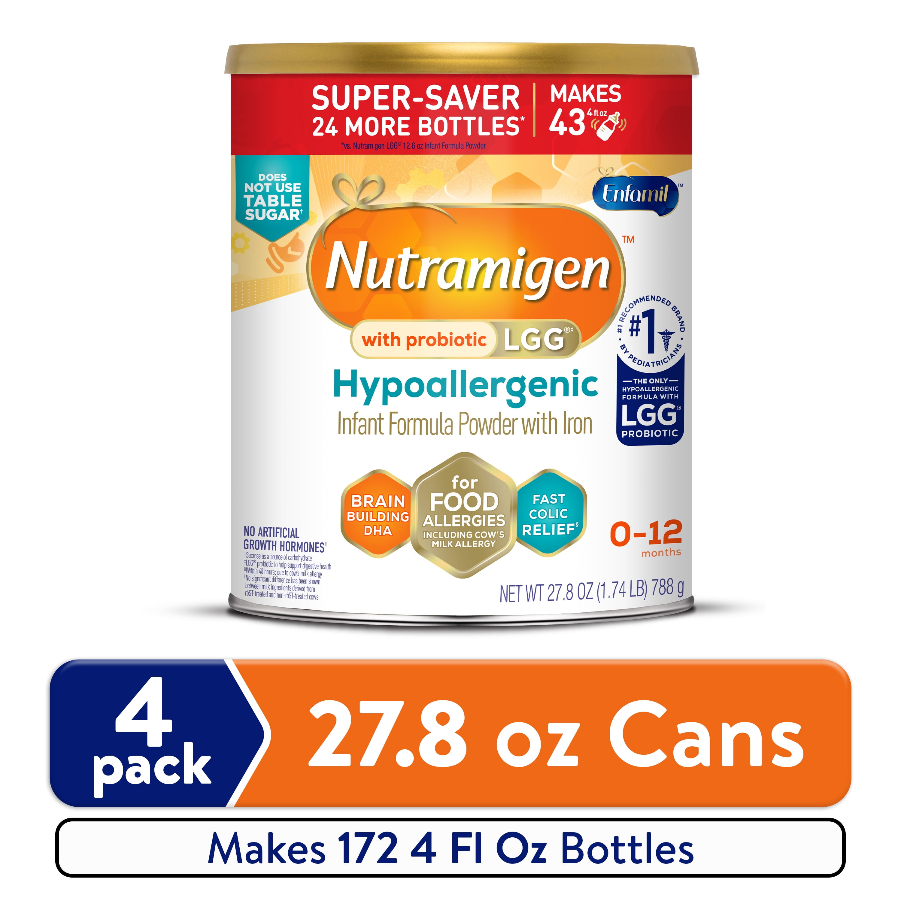 Nutramigen With Probiotic LGG Hypoallergenic Powder Baby Formula, 27.8 oz Can, 4 Count