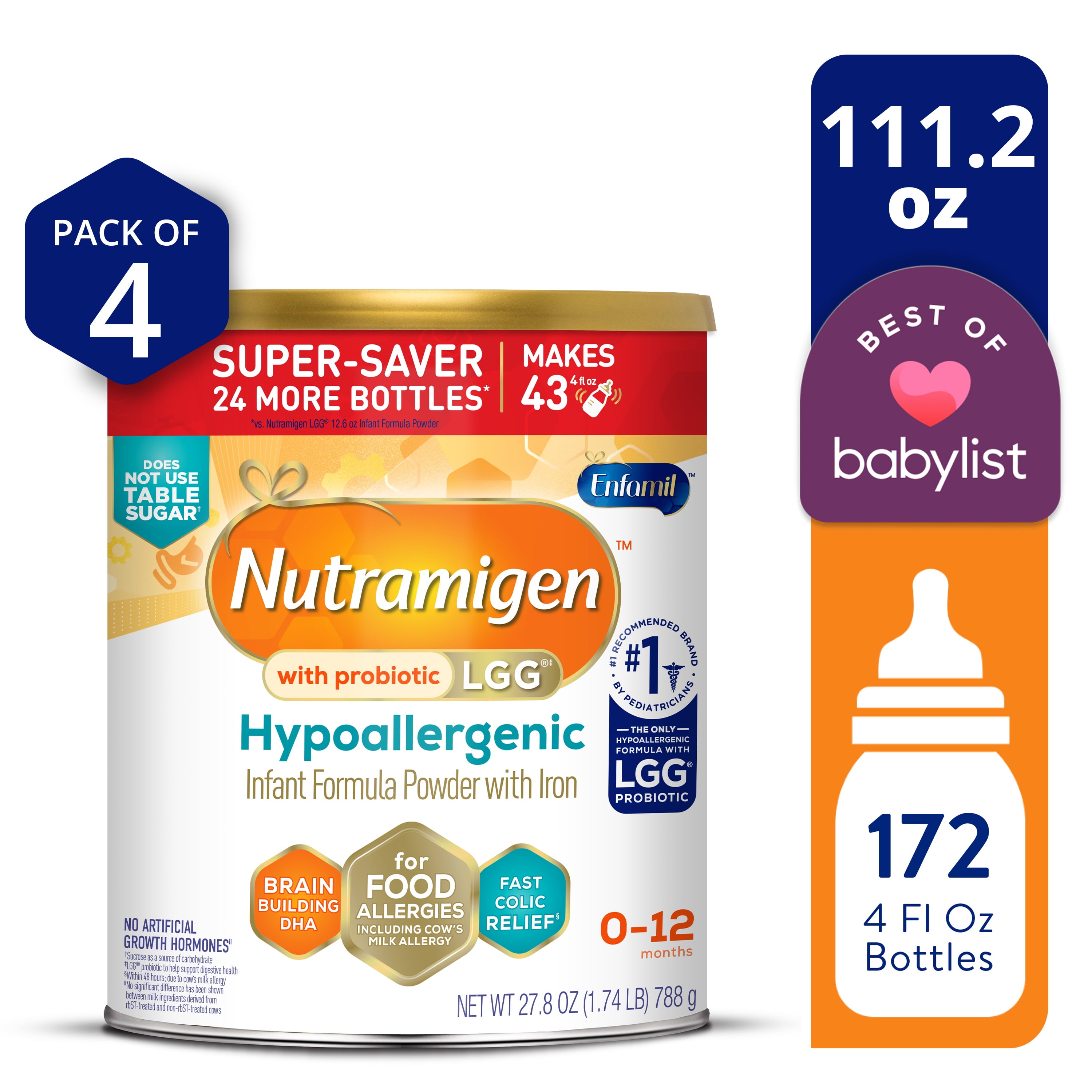 Nutramigen With Probiotic LGG Hypoallergenic Powder Baby Formula, 27.8 oz Can, 4 Count