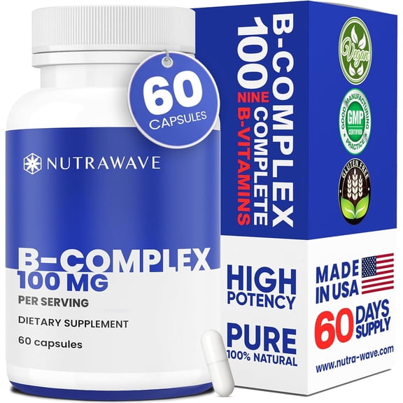 Nutra Wave B-Complex High Potency B Vitamins for Energy & Stress Support B1- B12 60 Vegan Capsules