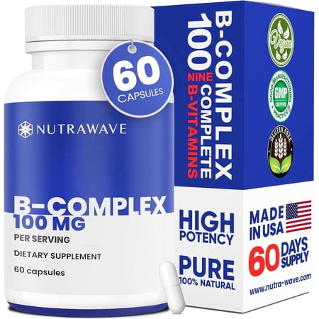 Nutra Wave B-Complex 100 - High Potency Energy & Metabolism Support, Full B1-B12 Formula + Biotin & Folate, 60 Vegan Capsules, Non-GMO