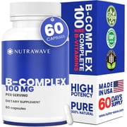 Nutra Wave B-Complex 100 - High Potency Energy & Metabolism Support, Full B1-B12 Formula + Biotin & Folate, 60 Vegan Capsules, Non-GMO