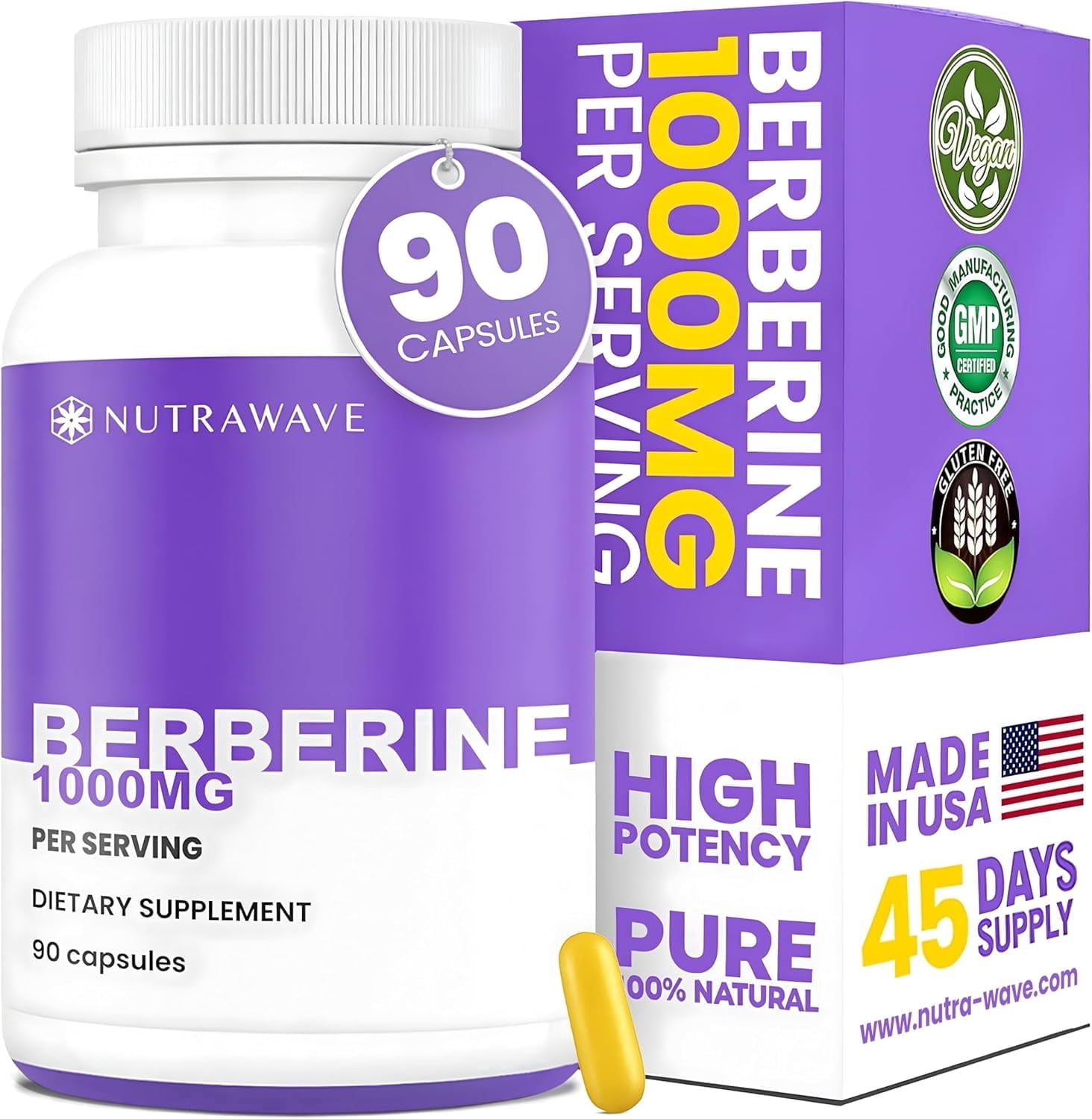 Nutra Wave Berberine 1000mg, Blood Sugar & Metabolism Support, 90 Vegan Capsules