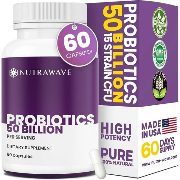 Nutra Wave Daily Probiotic 50 Billion, 15 Strain Formula for Adult Digestive and Immune Support, 60 Count Capsules