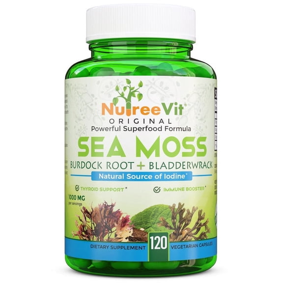 NutreeVit 100% Organic - Sea Moss + Bladderwrack + Burdock Powerful Superfood Formula (60 Count)