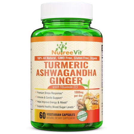 NutreeVit 100% Organic - Turmeric + Ashwagandha + Ginger + Vitamin D3 (90 Count)