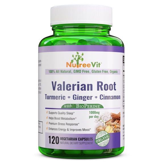 NutreeVit 100% Organic -Valerian root + Turmeric + Ginger +Cinnamon Bark (200 Count)