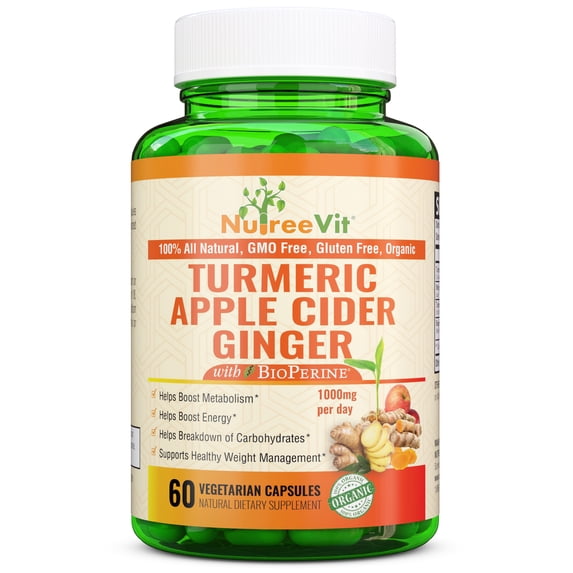 Nutreevit 100% Organic Turmeric Apple Cider Vinegar Supplement with Ginger and Bioperine. Natural Detox and Cleanse. Joint Support, Boost Metabolism, Made in USA (240 Count)
