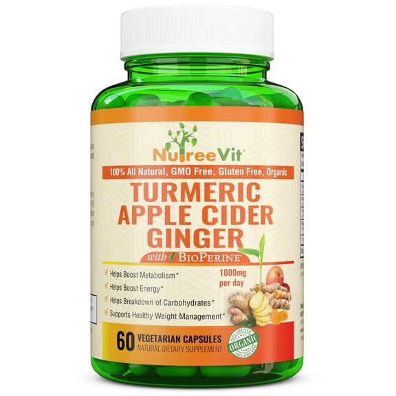 Nutreevit 100% Organic Turmeric Apple Cider Vinegar Supplement with Ginger and Bioperine. Natural Detox and Cleanse. Joint Support, Boost Metabolism, Made in USA (800 Count)