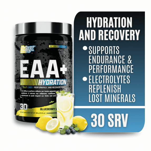 Nutrex Research EAA Hydration | EAAs + BCAA Powder | Muscle Recovery, Strength, Endurance | 8G Essential Amino Acids + Electrolytes | Blueberry Lemonade