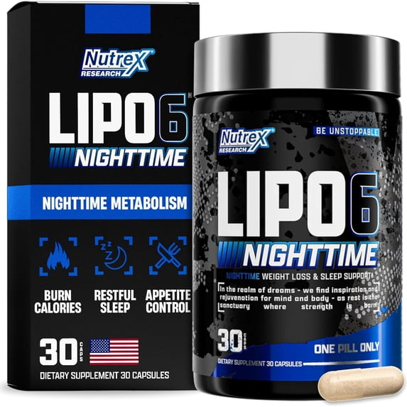 Nutrex Lipo 6 Nighttime Fat Burner | Melatonin Sleep Aid & Weight Loss Diet Pills for Men and Women | Night Time Metabolism Booster Appetite Suppressant | 30 Servings (1)