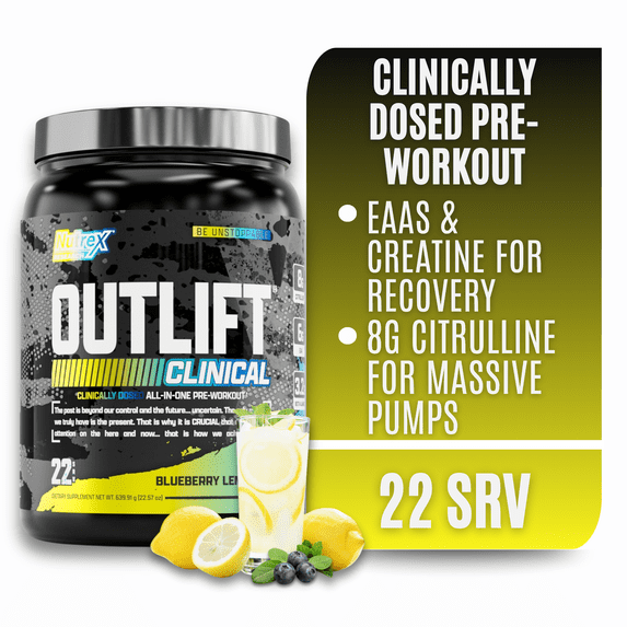 Nutrex Research Outlift Clinically Dosed Pre Workout Powder with Creatine, 8G Citrulline, BCAA - Energy, Performance, Pump Preworkout Supplement for Men & Women (22 Servings, Blueberry Lemonade)