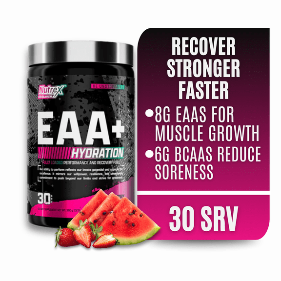 Nutrex Research EAA Hydration | EAAs + BCAA Powder | Muscle Recovery, Strength, Endurance | 8G Essential Amino Acids + Electrolytes | Strawberry Watermelon 30 Serving