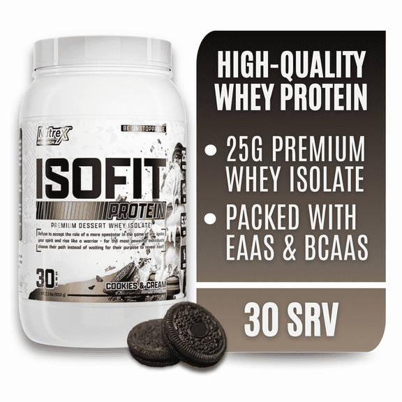 Nutrex Research IsoFit Cookies & Cream Whey Isolate Protein Powder 100% Whey Protein Isolate | Muscle Recovery, Naturally High EAAs | Fast Absorbing, Easy Digestion | (Cookies & Cream, 30 Servings)