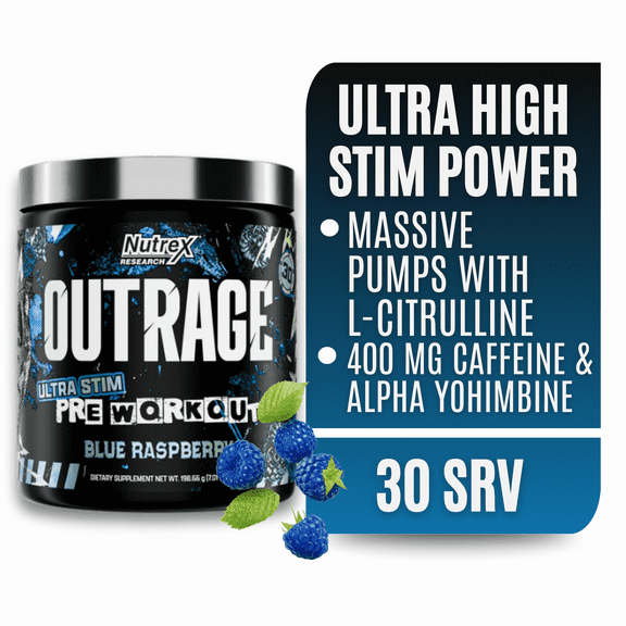 Nutrex Research OUTRAGE Blue Raspberry High Intensity Pre Workout Powder 30 Servings