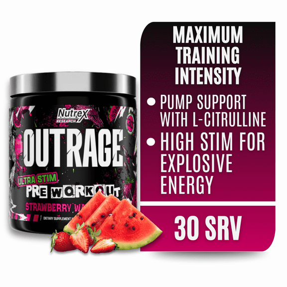 Nutrex Research OUTRAGE Strawberry Watermelon High Intensity Pre Workout Powder 30 Servings