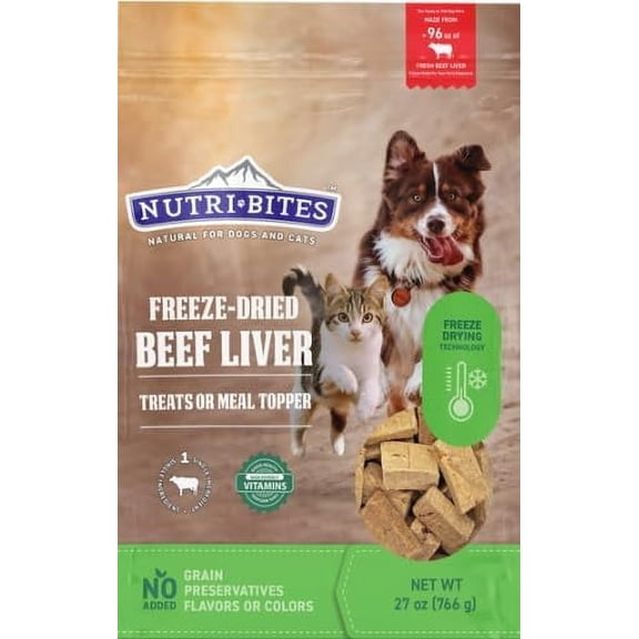 Nutri Bites Freeze Dried Beef Liver Dog & Cat Treats | Healthy Pet Training Treats or Food Topper | All Natural, Single Ingredient, High Protein | Premium Bulk Large Size Pack (27 OZ)