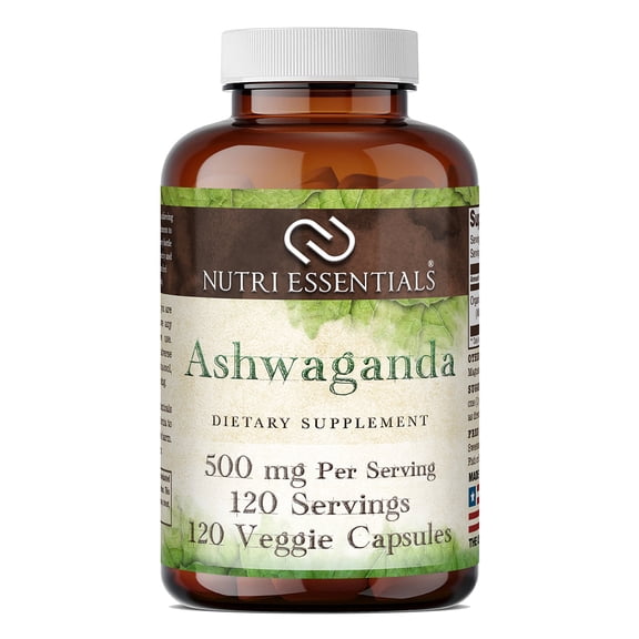 Nutri Essentials Ashwagandha(Withania somnifera) 500 Mg Per Serving 120 Veggie Capsules Supplement | Non-GMO | Gluten Free| Ideal for Vegetarians