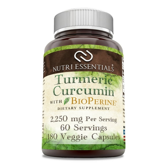 Nutri Essentials Turmeric Curcumin with BioPerine 2250mg Per Serving 180 Veggie Capsules | Non-GMO | Gluten Free | Made in USA | Suitable for Vegetarians